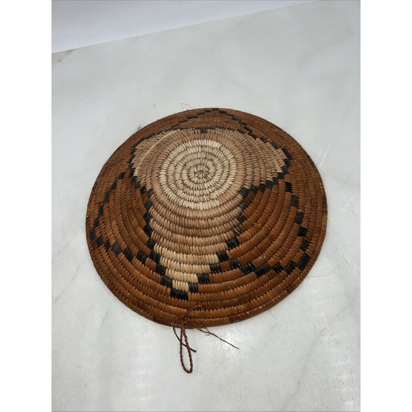Vintage Coiled Hopi Indian Basket Tray Geometric Pattern Brown Tan Handles 12"