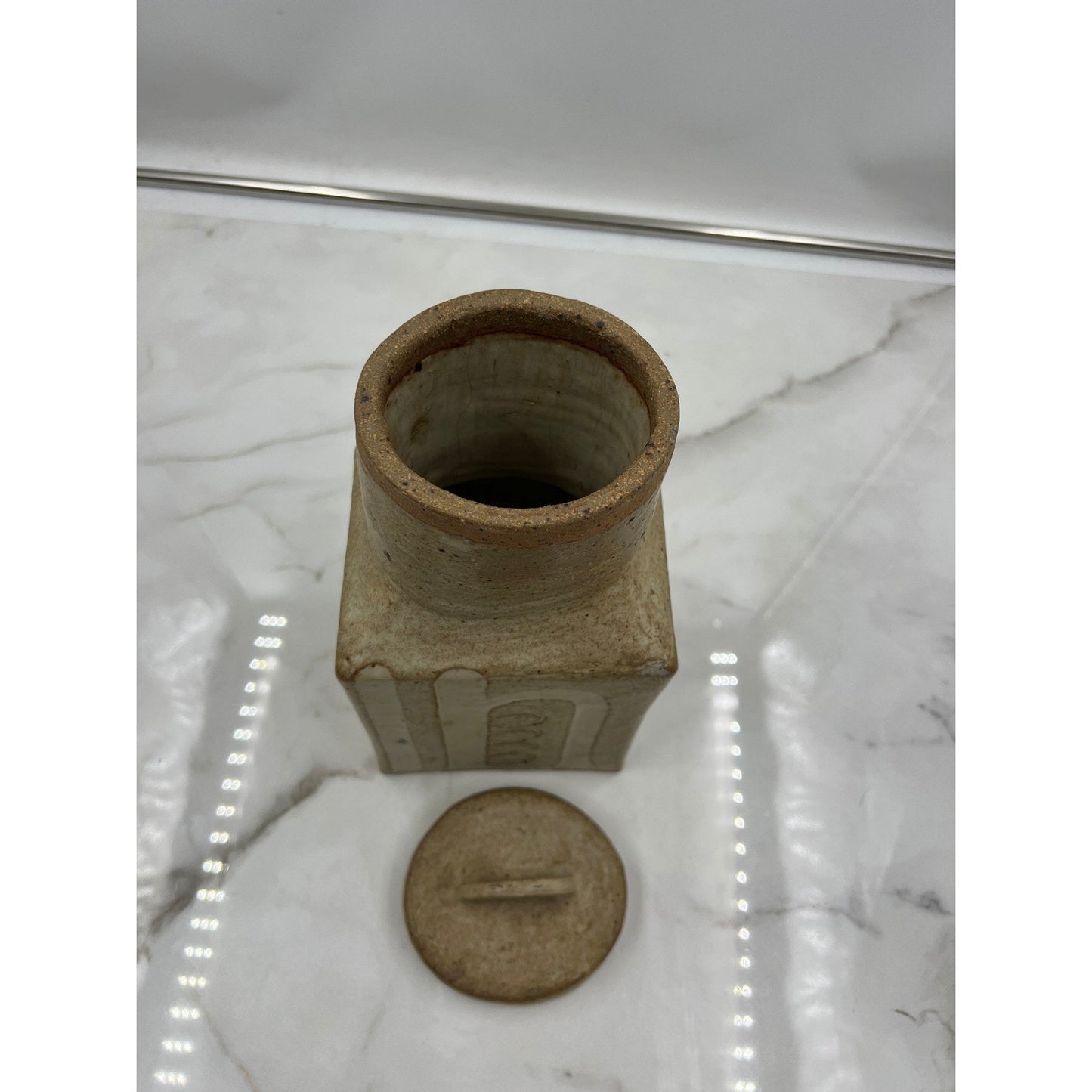 VTG Studio Pottery Lidded Canister Square Stoneware Jar Beige Cream Brutalist