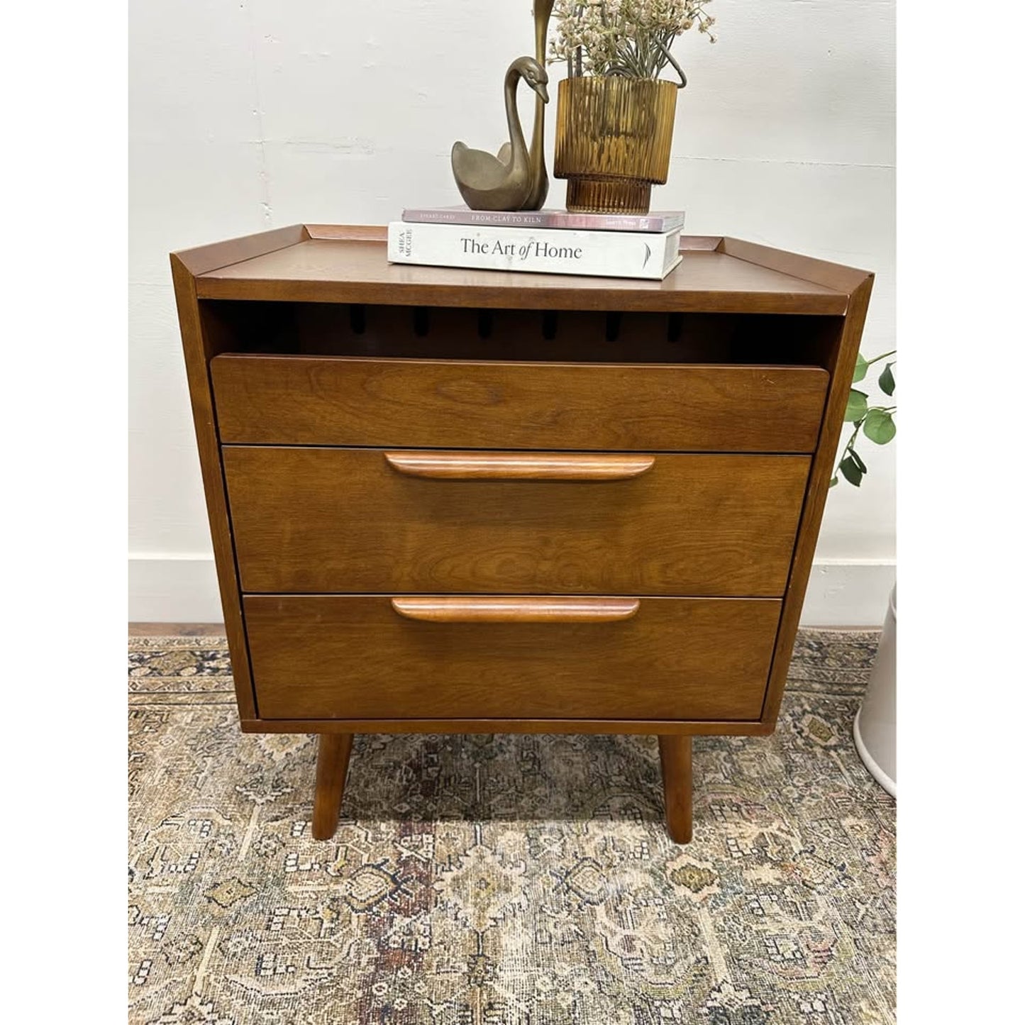 Florrie 3 Drawer Nightstand Walnut Finish Wood MCM Style Built in Outlet