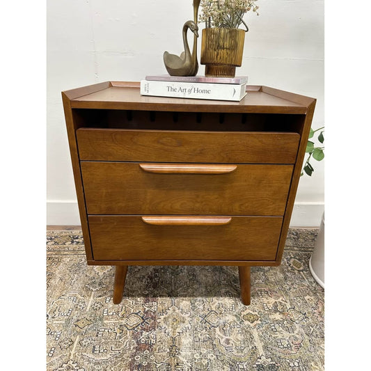 Florrie 3 Drawer Nightstand Walnut Finish Wood MCM Style Built in Outlet
