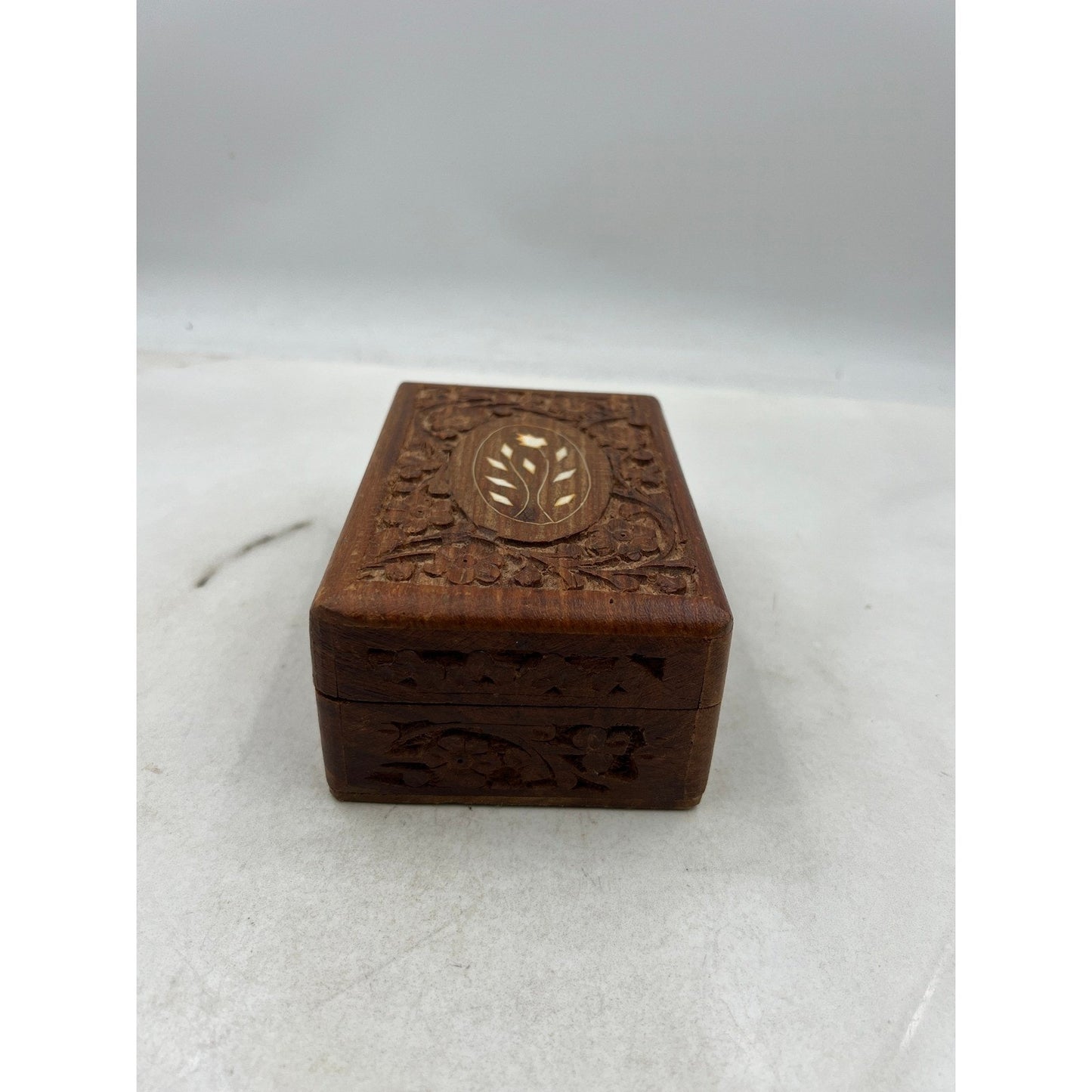 Hand Carved Wooden Jewelry Box Trinket Keepsake Ornate Floral Inlay
