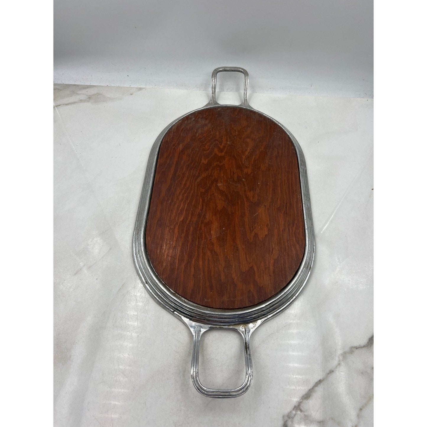 Vintage Wood Serving Tray Aluminum Handles Oval Platter Entertain
