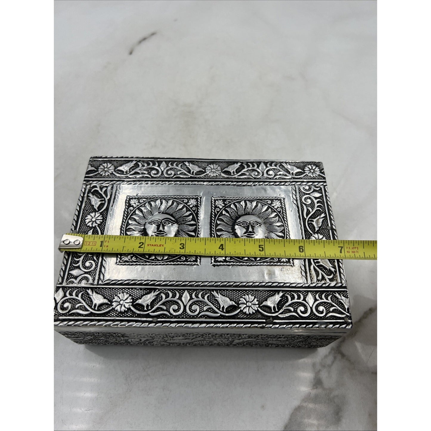 VTG Embossed Trinket Jewelery Box Silver Tone Rectangular Sun Face Birds