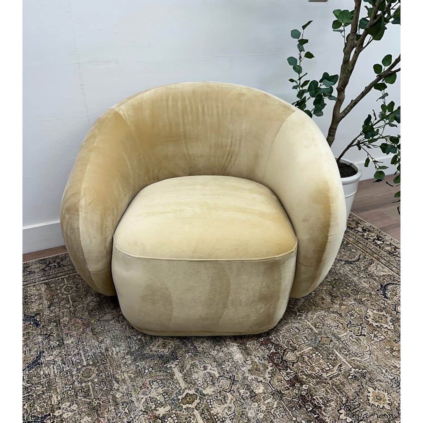 Emery Velvet Barrel Chair Lounger Yellow Gold Color Fabric Round