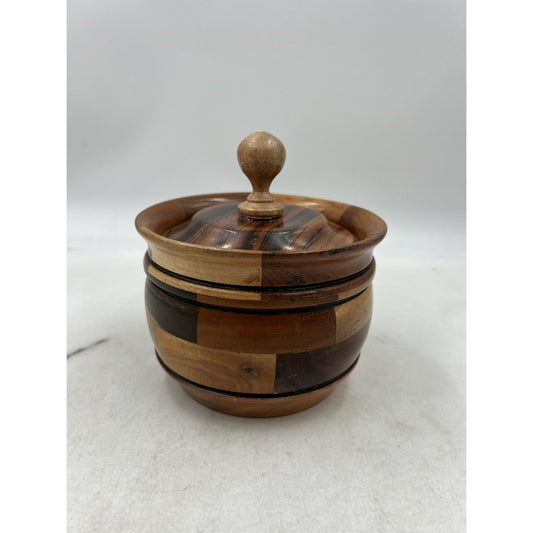 Handmade Wood Lidded Trinket Box Container Multi-Tone Carved Decorative Storage