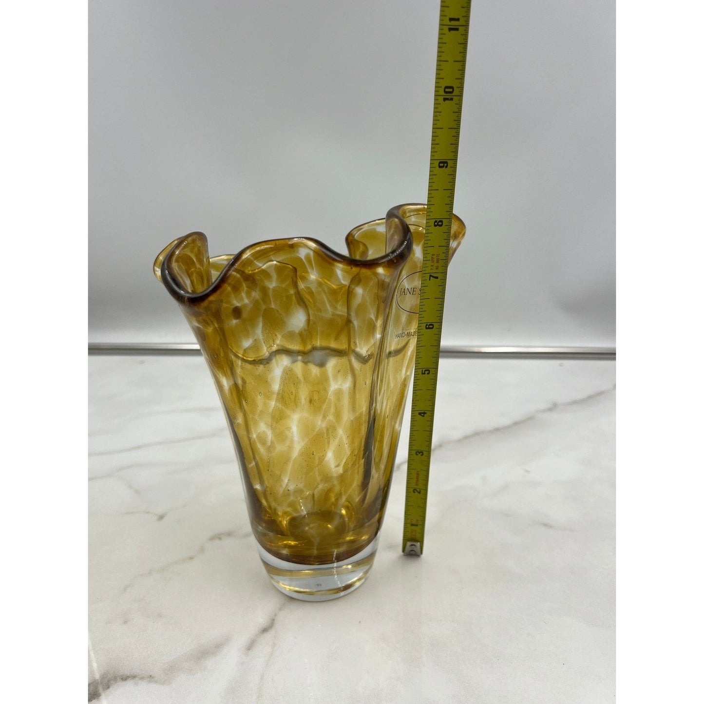 Jane Seymour Hand-Made Poland Amber Tortoise Art Glass Ruffled Handkerchief Vase