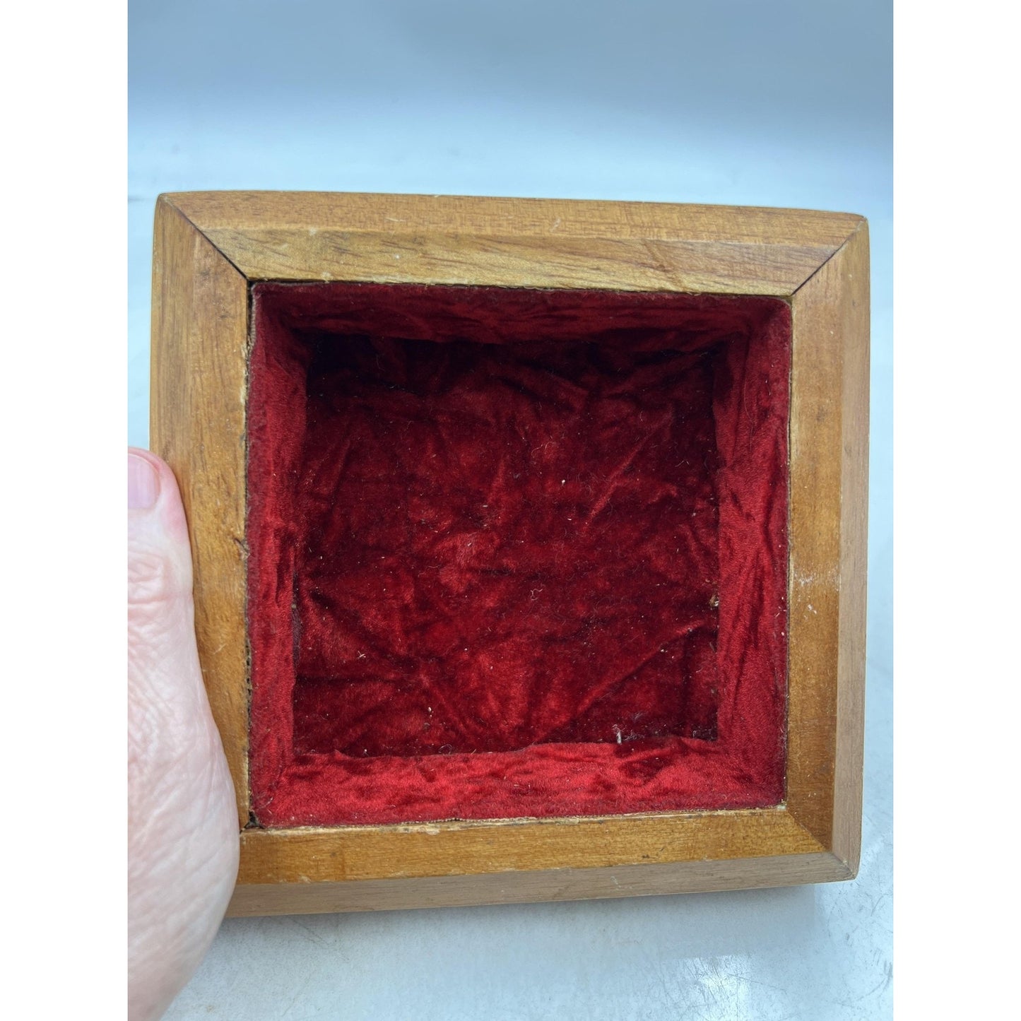 Vintage Handmade Striped Wood Jewelry Box Velvet Lined Lid Geometric Square 6"