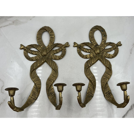 Vintage Brass Bow Ribbon Wall Candle Sconces Pair 2 Arm Made In Korea Decor