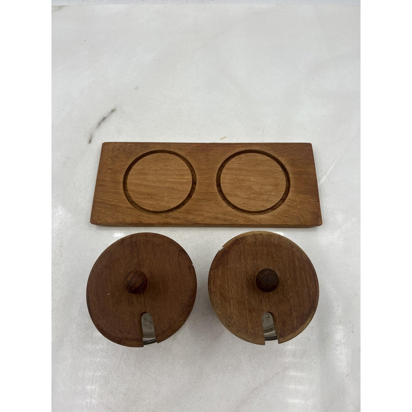 Luthje Wood Teak Glass Double Condiment Jar Set w/ Tray Danish Modern MCM