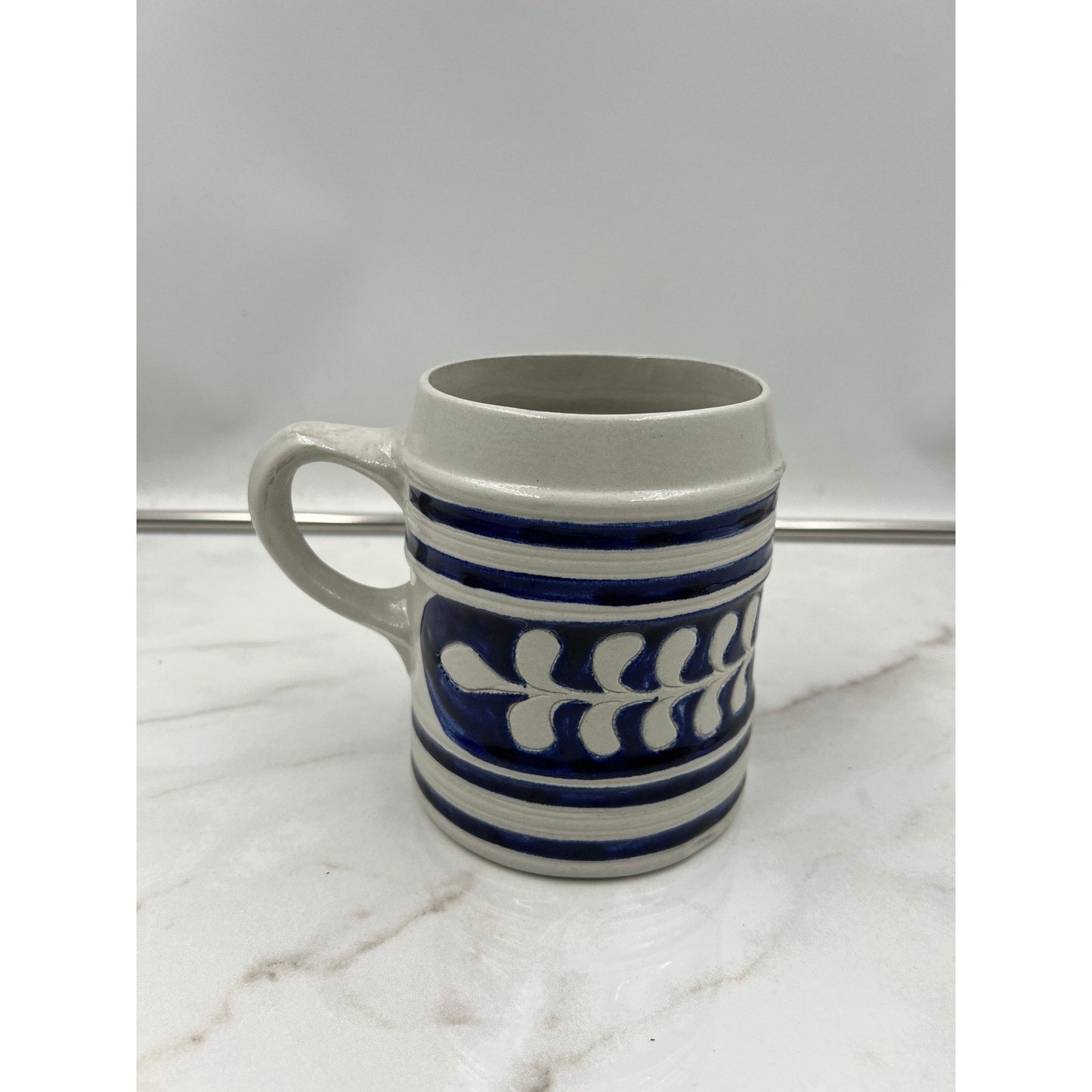 Vintage Salt Glazed Stoneware Beer Stein Cobalt Blue Leaf Pattern Souvenir Mug