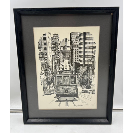 VTG San Francisco Cable Car Print Framed Art Cityscape Drawing C Humphrey