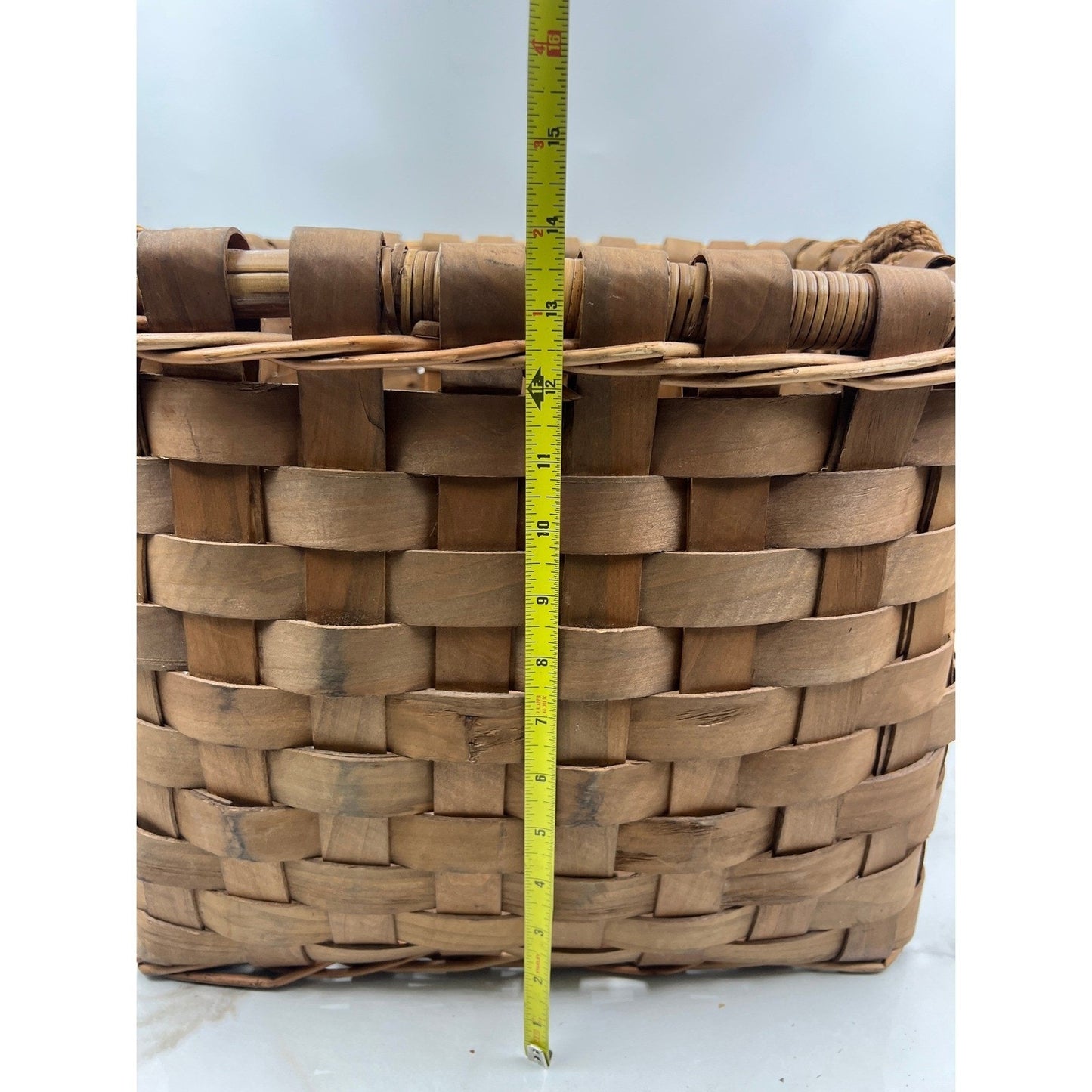 Vintage Woven Wood Splint Basket Square Farmhouse Storage with Rope Handles