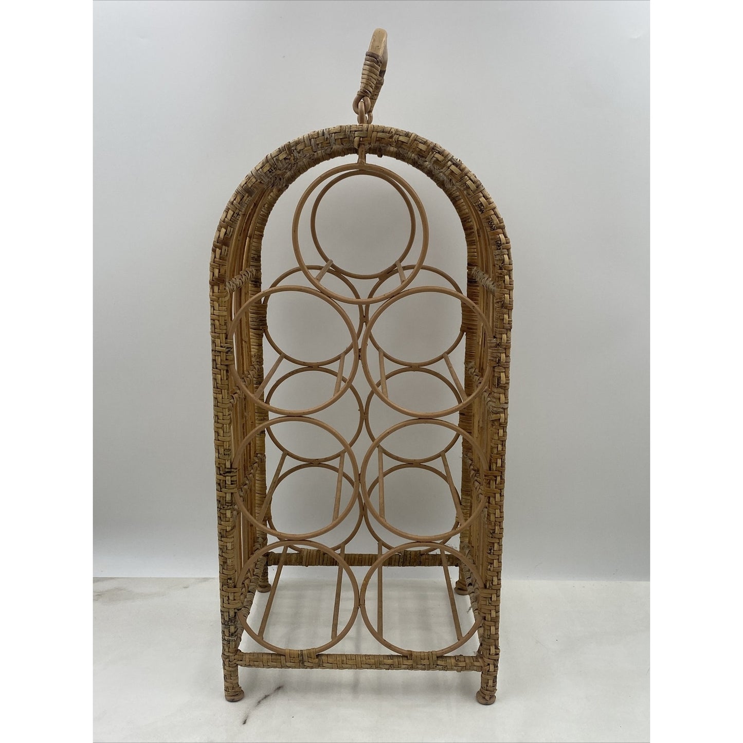VTG Wicker Wine Rack Freestanding 7 Bottle Bamboo Holder 18" Tall Boho Hippie