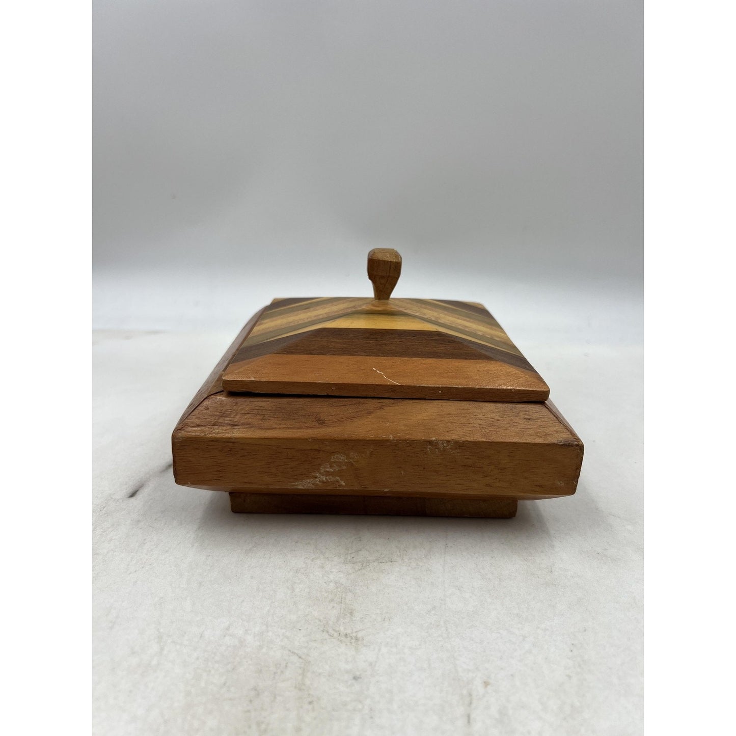 Vintage Handmade Striped Wood Jewelry Box Velvet Lined Lid Geometric Square 6"