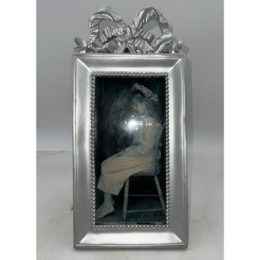 Vtg Silver Tone Picture Frame Ribbon Bow Coquette 4x8"