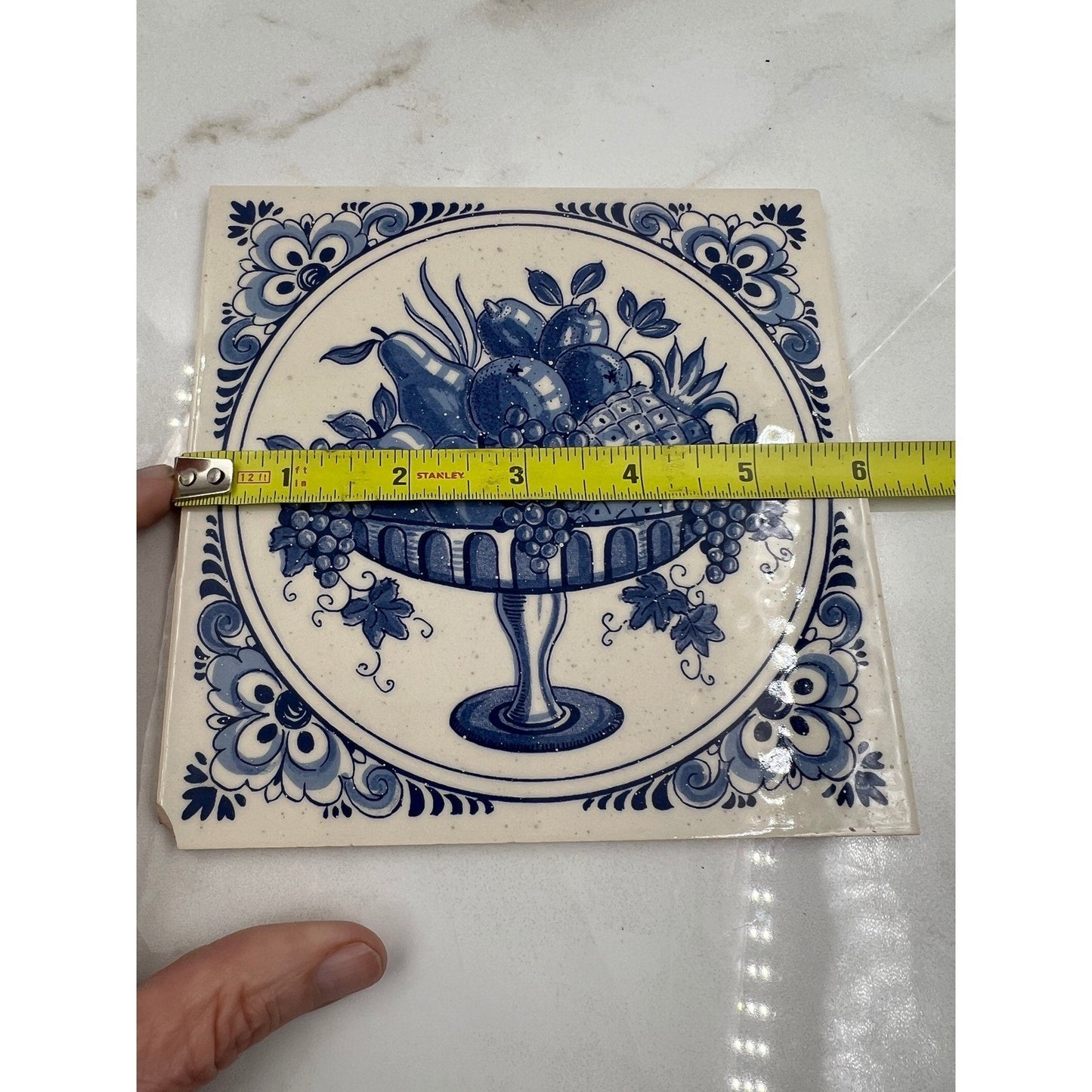Delft Plateelbakkerij Schoonhoven Holland Blue White Fruit Ceramic Tile Vintage