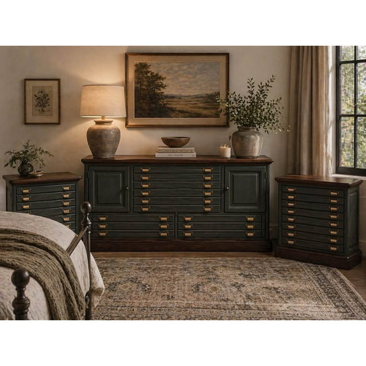 VTG Stanley Dresser Set Dresser Nightstands Dark Green Brass Apothecary Style Wood Stained Top