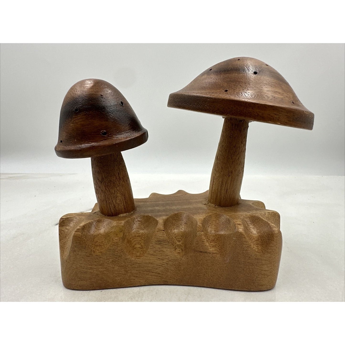Vtg Wood Mushrooms Toothpick Holder Leilani Handcrafted Philippines 2 Monkey Pod