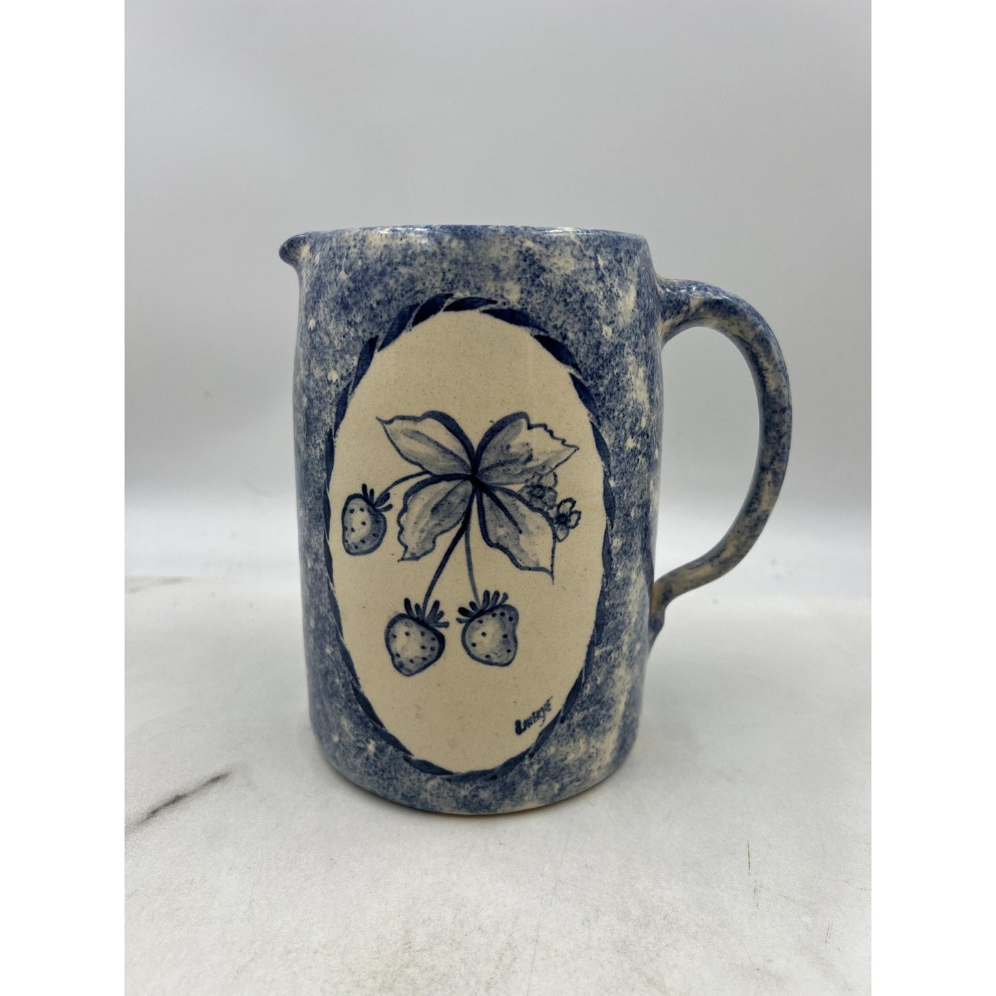 Vintage Gruene Pottery Pitcher 7" Spongeware Hand Painted Strawberries Texas USA
