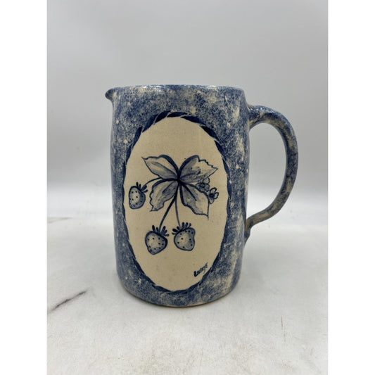 Vintage Gruene Pottery Pitcher 7" Spongeware Hand Painted Strawberries Texas USA