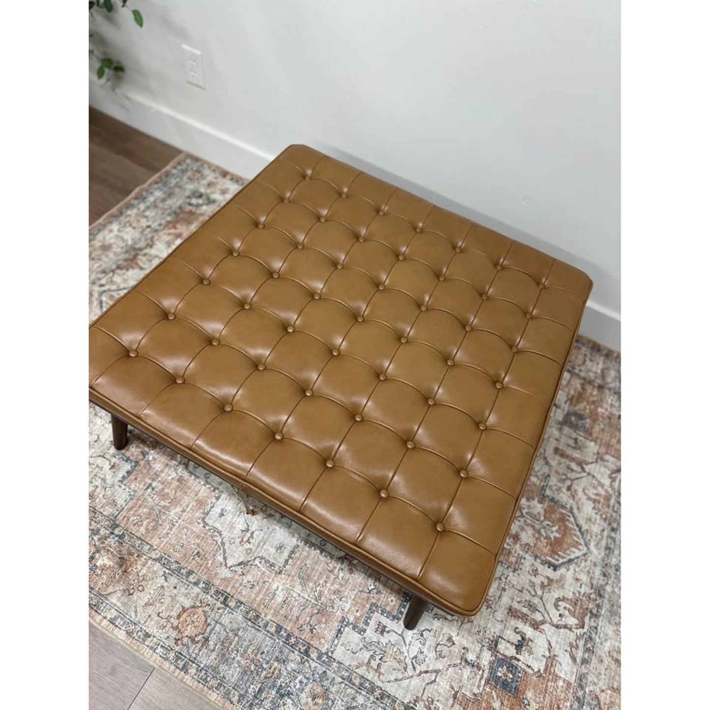 Julian Ottoman Genuine Leather- CAMEL Tufted Wood Legs