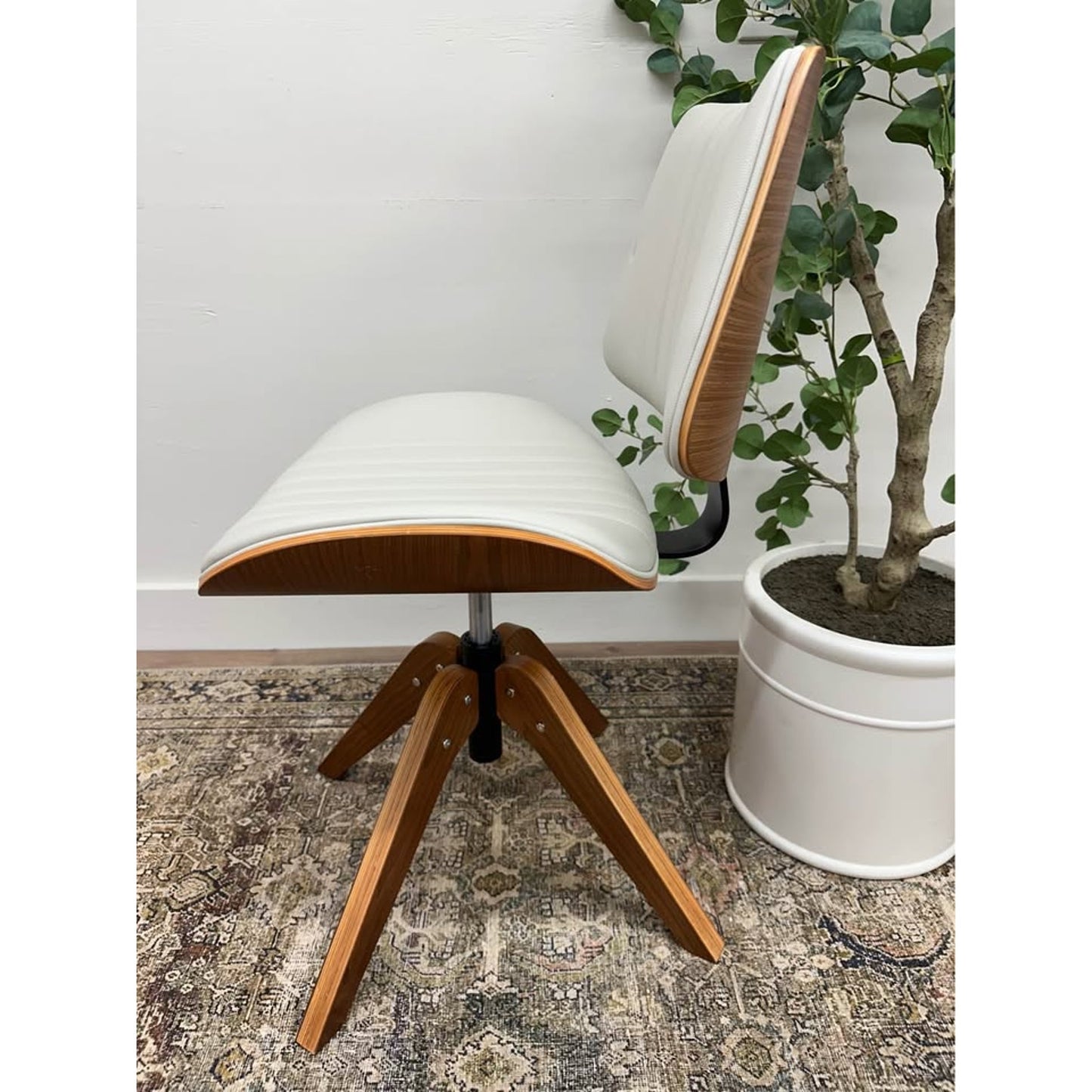 Will Office Chair Wood Base MCM Vibes Ivory Leather Upholstered Seat