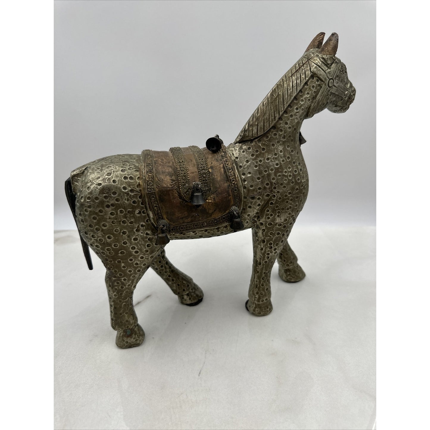 Antique Wood Horse Figurine Metal Copper Wrapped Carved Statuette