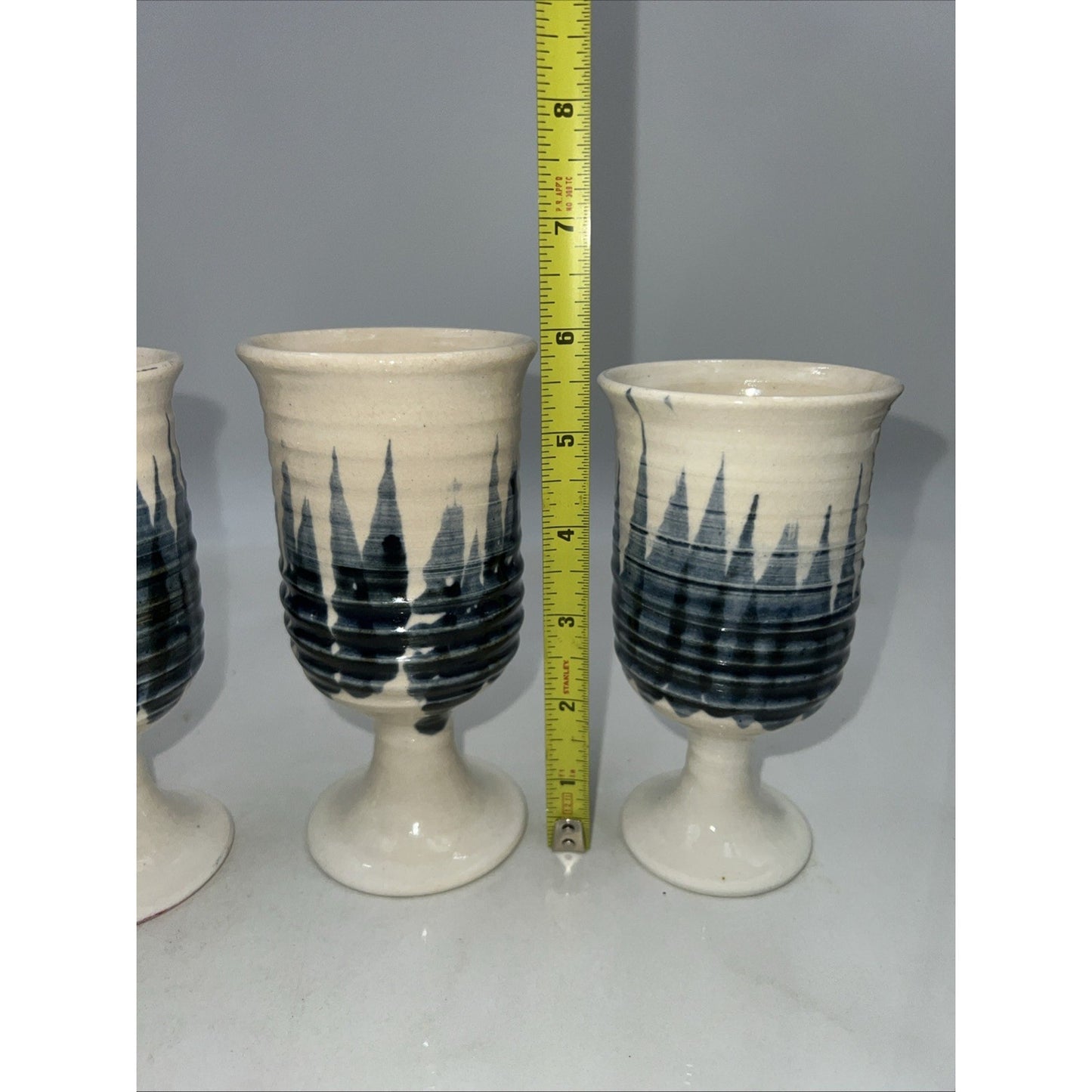 VTG Studio Pottery Goblets Glasses Hand Made Blue White Stoneware Set of 4 Signe