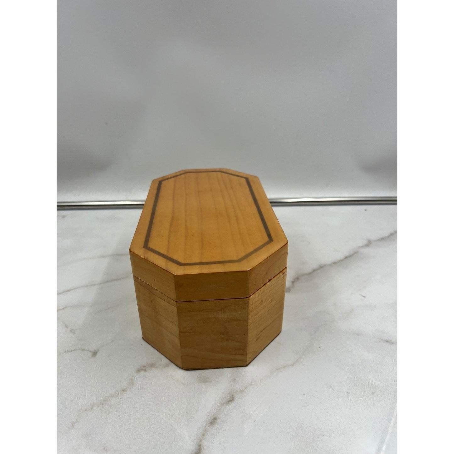 Vintage Octagon Wood Jewelry Box Inlay Detail and Removable Tray Brown Velvet