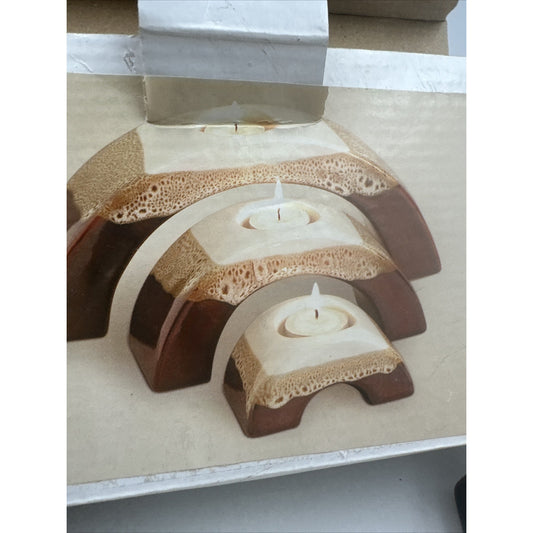 VTG Arched Candle Holders Nesting Ceramic Tealight Brown Drip Boho Set of 3