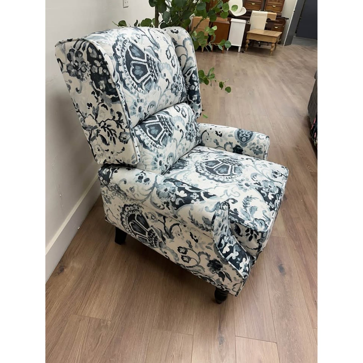Asikli Manual Recliner Blue White Floral Upholstered Fabric New Karat Home