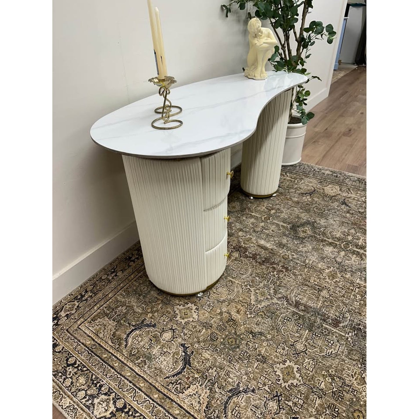 White Free Form Stone Desk Vanity Table Manufactured Wood+Leather Groove Interiors 3 Drawers