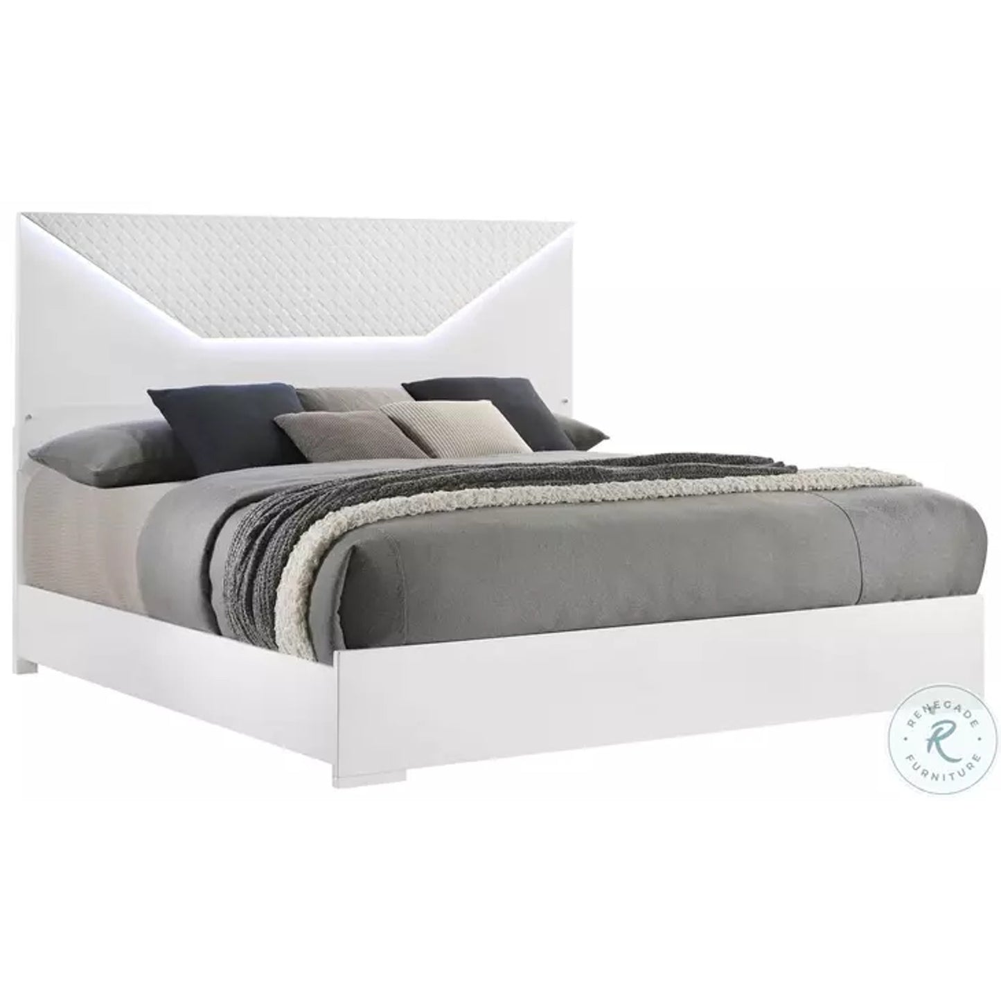 Ives White High Gloss Wood Frame Queen Panel Bed with Touch LED Light in Headboard