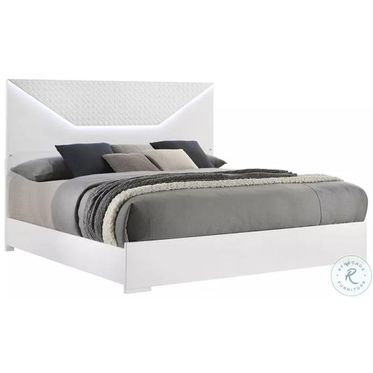 Ives White High Gloss Wood Frame Queen Panel Bed with Touch LED Light in Headboard