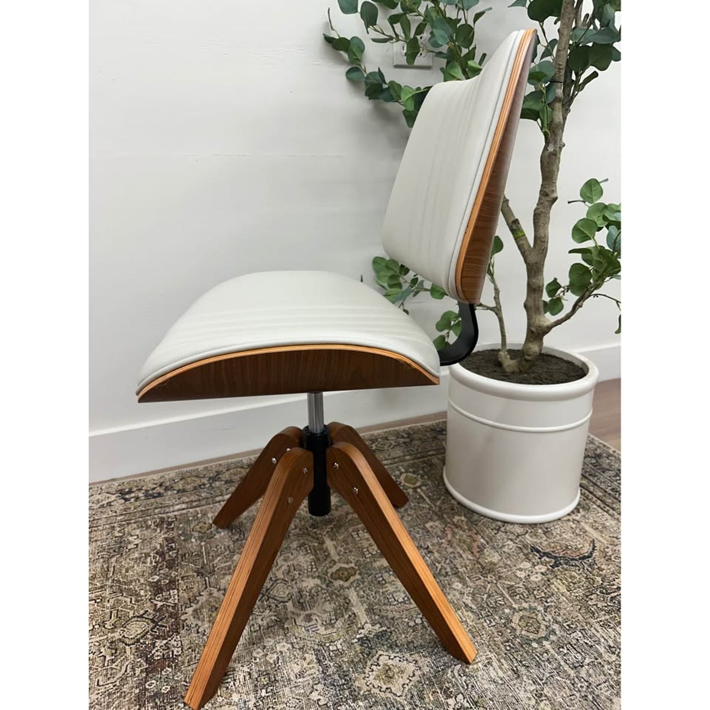 Will Office Chair Wood Base MCM Style Ivory Leather Upholstered Seat