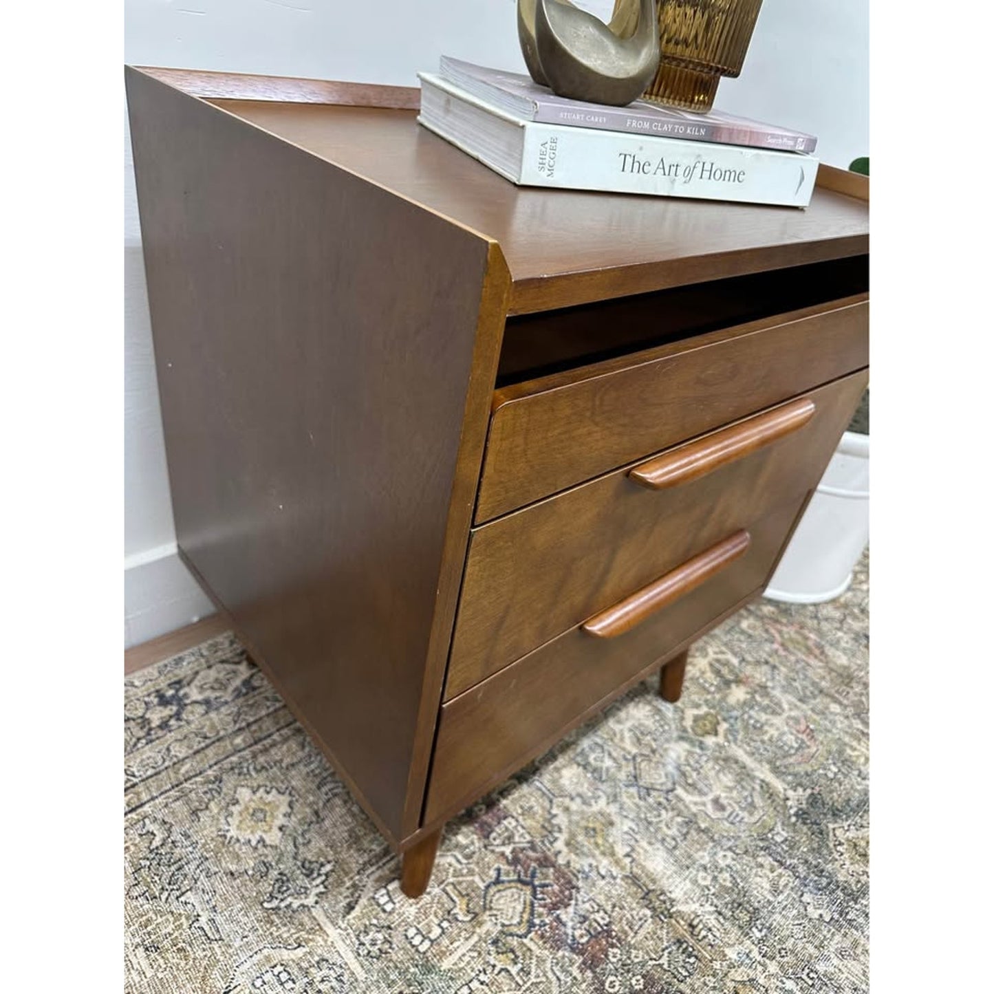 Florrie 3 Drawer Nightstand Walnut Finish Wood MCM Style Built in Outlet