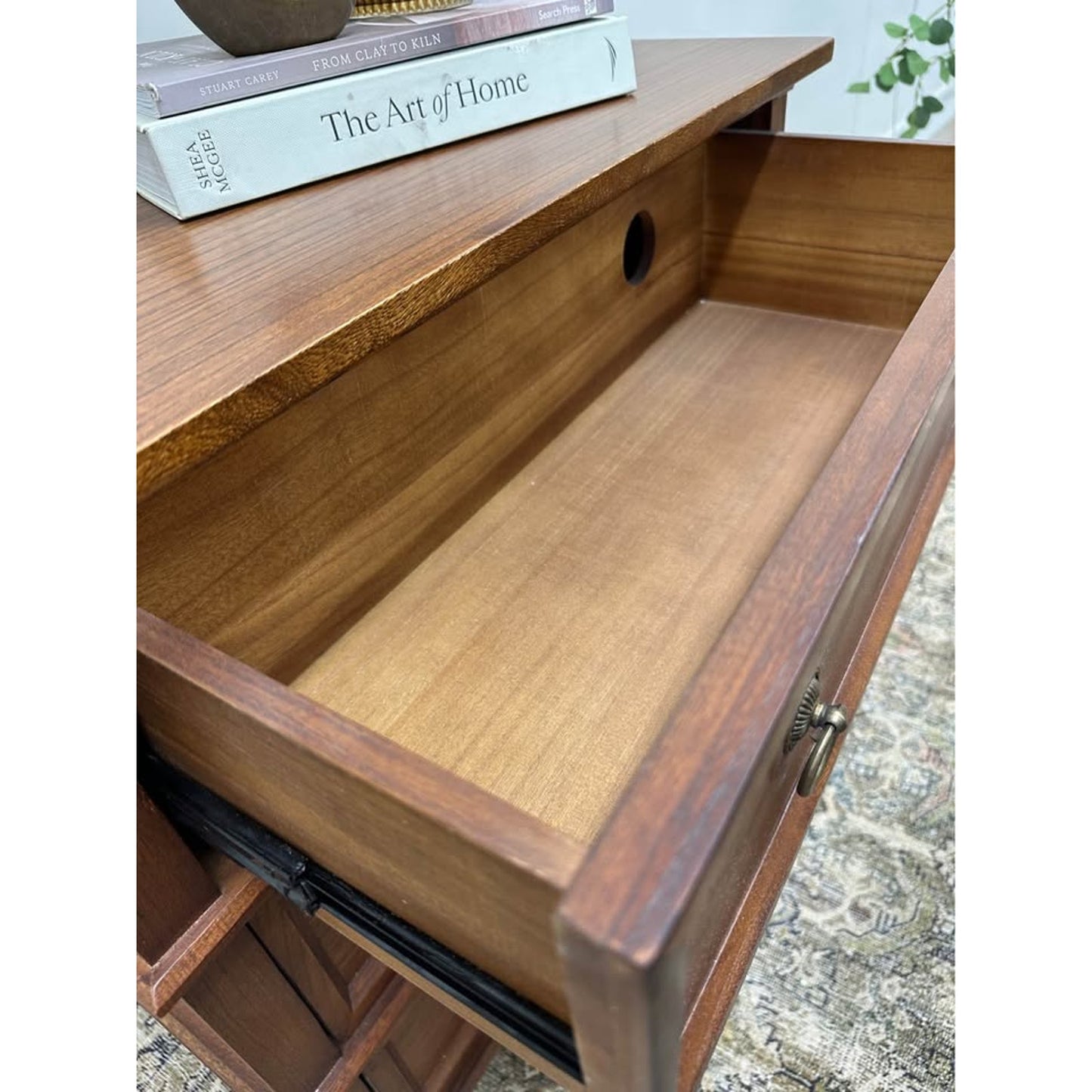 Lev 3-Drawer Nightstand End Table Brown Stained Wood Built In Outlet