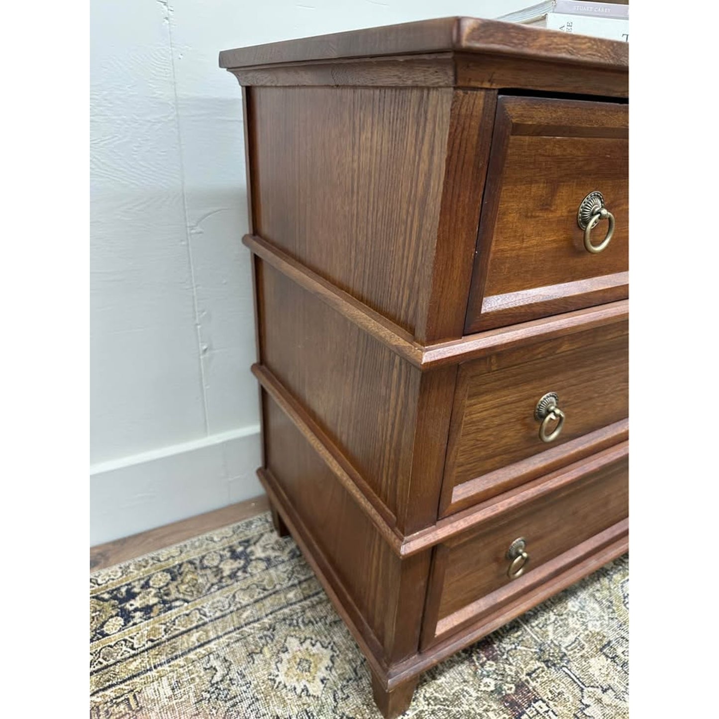 Lev 3-Drawer Nightstand End Table Brown Stained Wood Built In Outlet