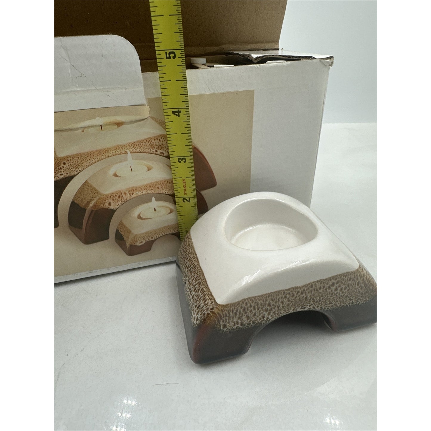 VTG Arched Candle Holders Nesting Ceramic Tealight Brown Drip Boho Set of 3