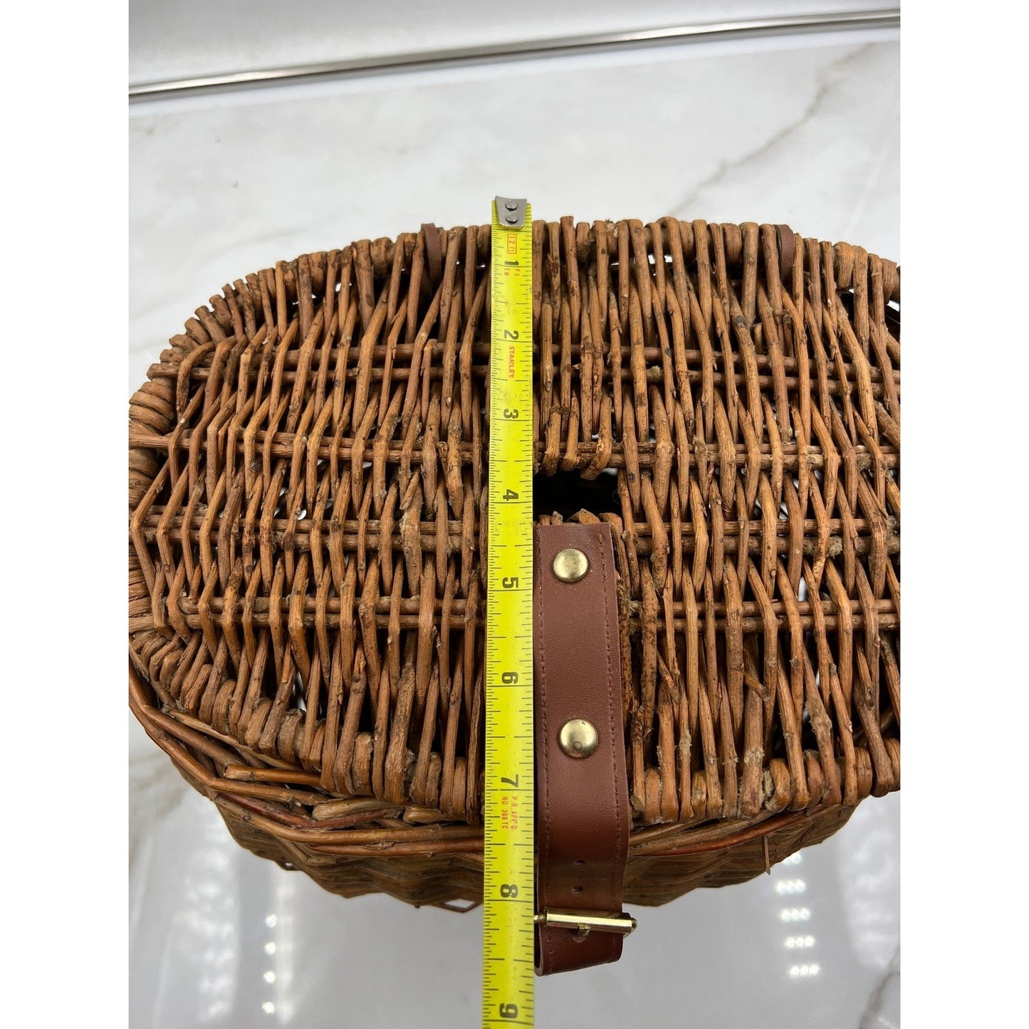 Vintage Wicker Creel Basket Bag Brown Woven Crossbody Picnic Fishing Bag