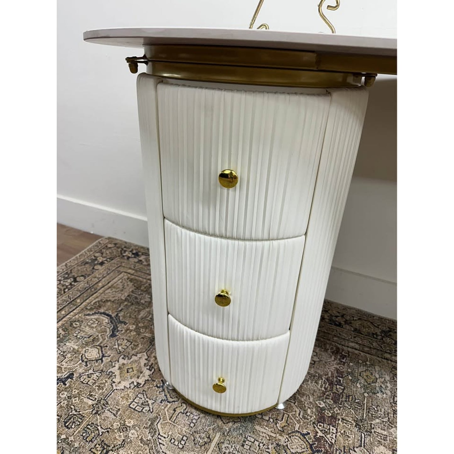 White Free Form Stone Desk Vanity Table Manufactured Wood+Leather Groove Interiors 3 Drawers