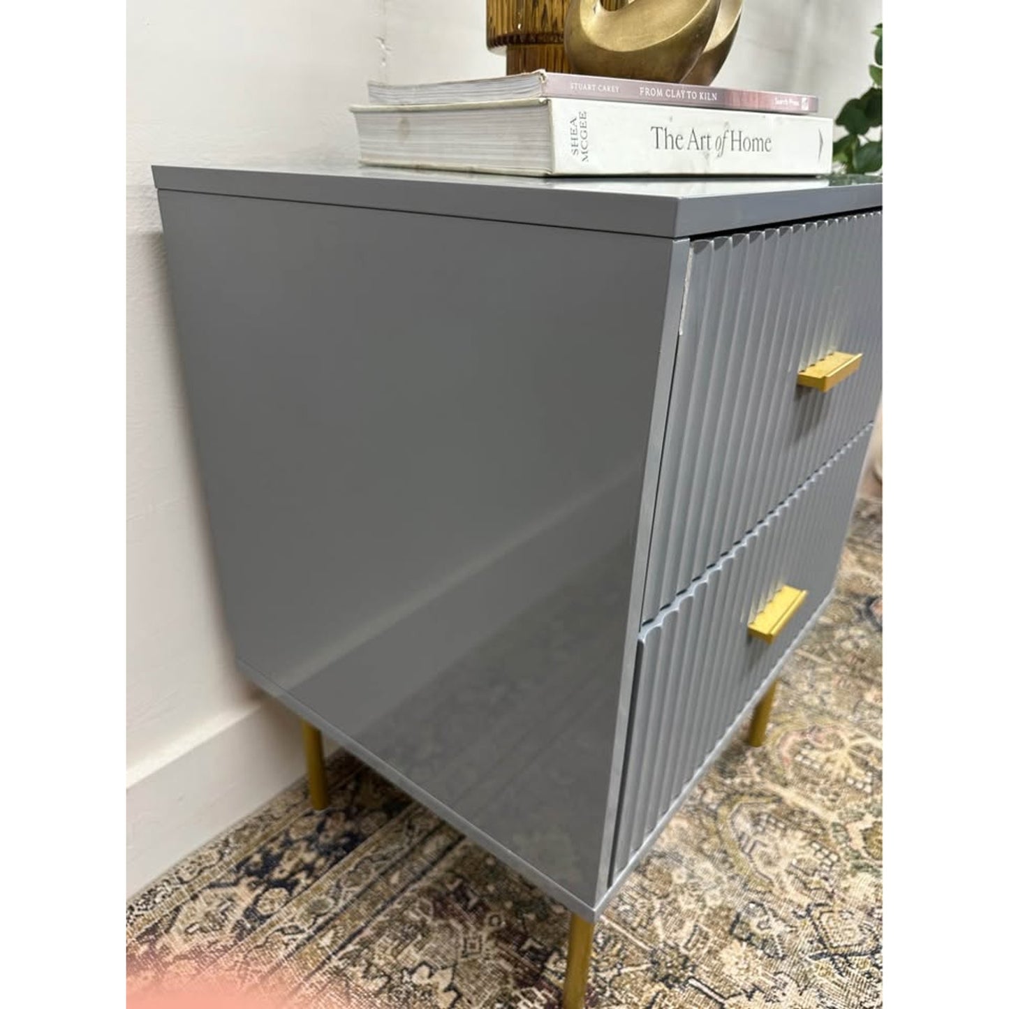 Ceandro 2 Drawer Nightstand-GREY High Gloss Laquer Gold Legs MCM Style - Has Flaw