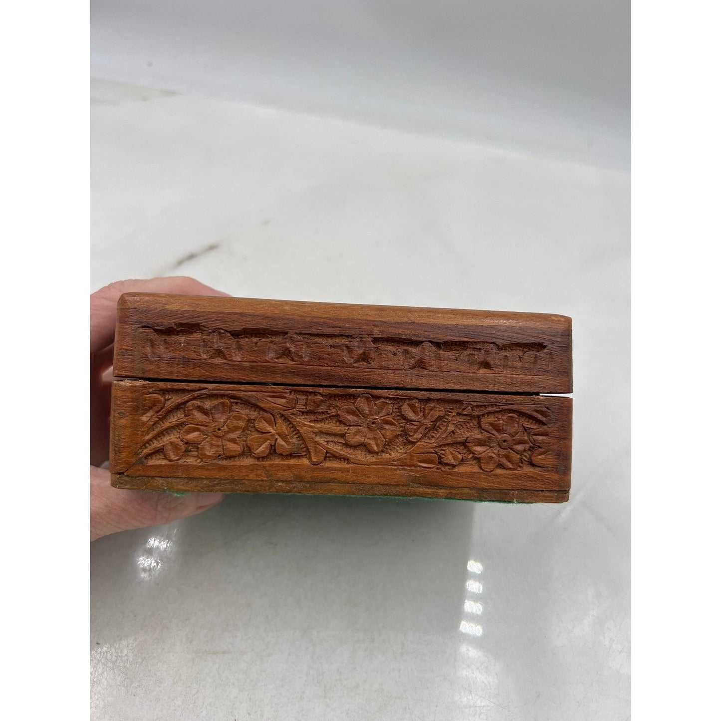 Hand Carved Wooden Jewelry Box Trinket Keepsake Ornate Floral Inlay