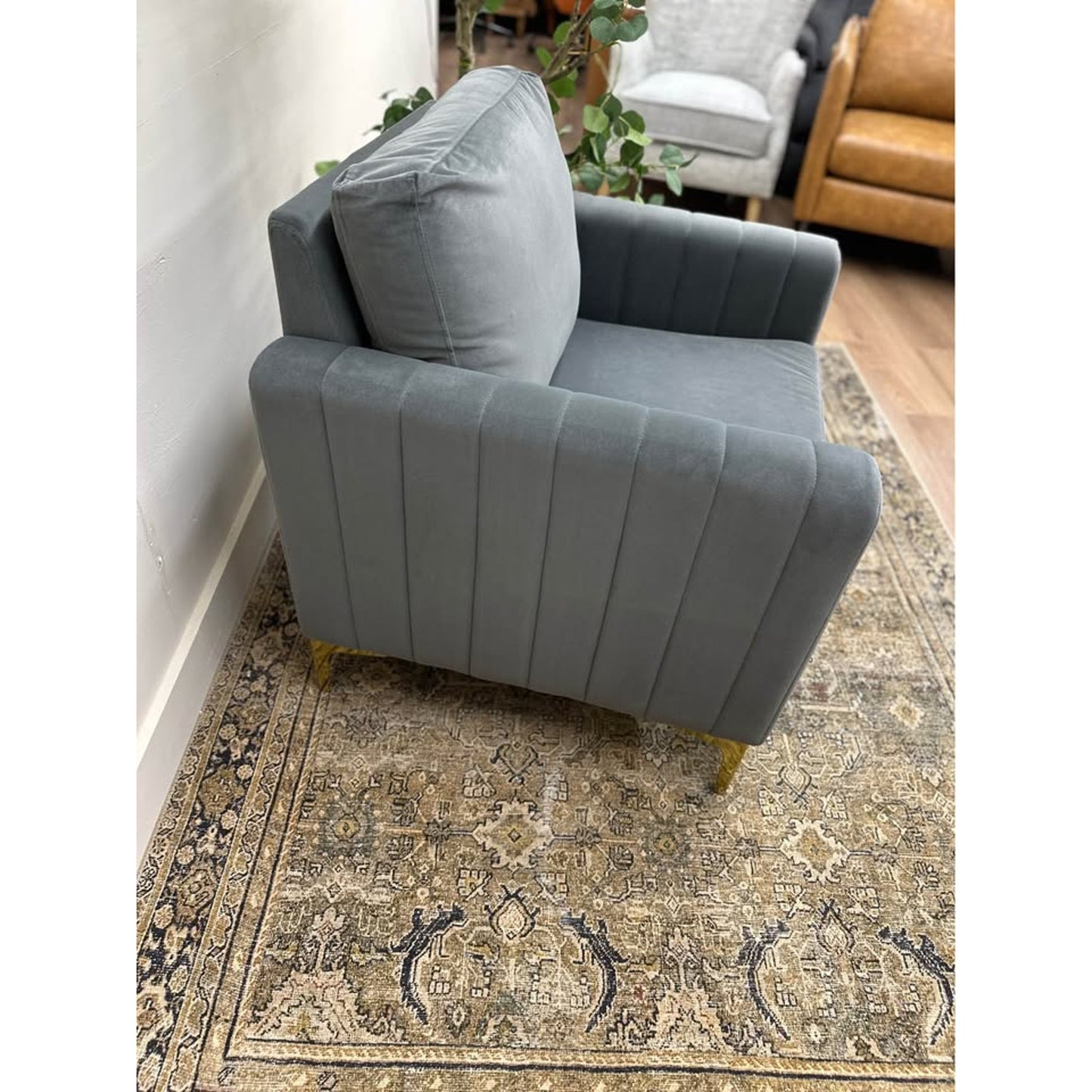 Jupiter Club Chair-GREY Armchair Gold Legs  Velvet Upholstered Channel Tufting Boxy New Karat Home