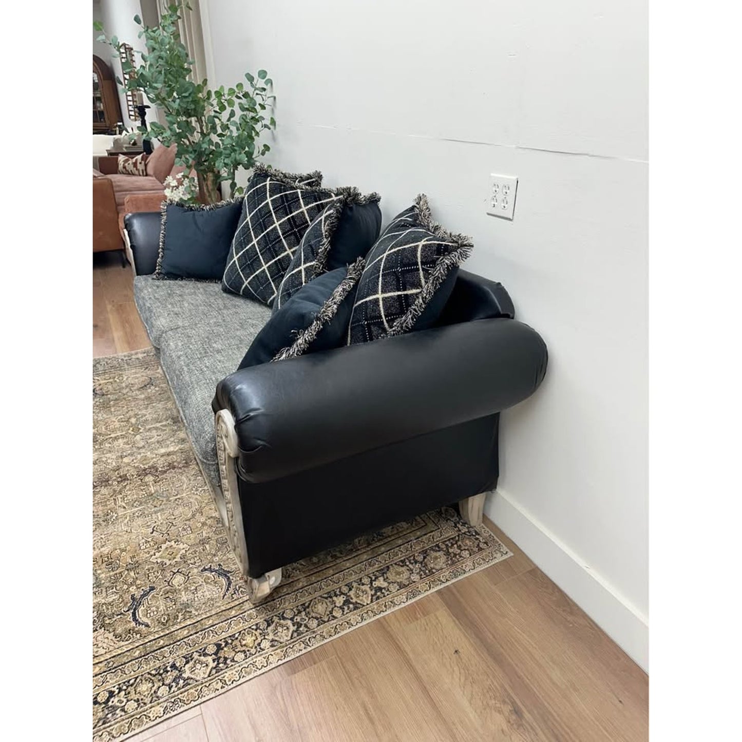 Bernardus Sofa Couch 2-Tone Fabric Wooden Frame Loveseat With Carved Wood Trim Black Gray