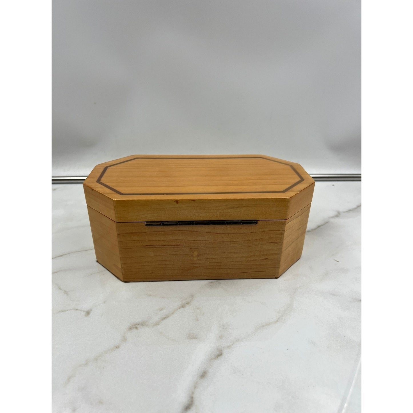 Vintage Octagon Wood Jewelry Box Inlay Detail and Removable Tray Brown Velvet