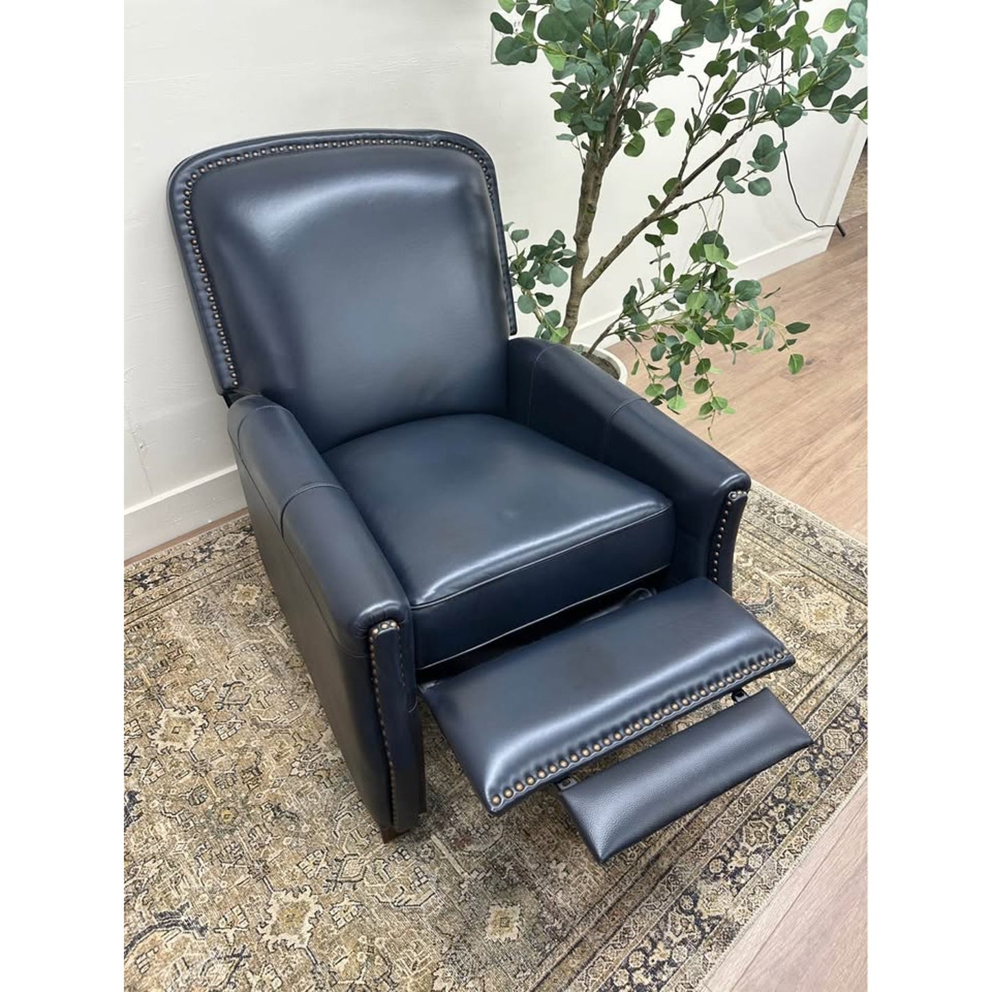Amil Genuine Leather Recliner-NAVY Armchair Nailhead Trim