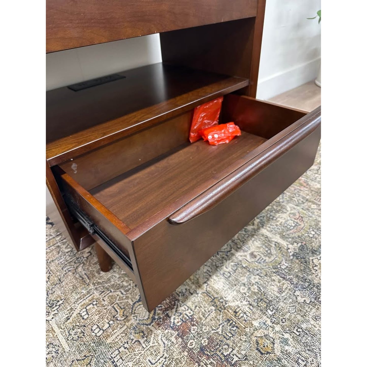Valentin 2 - Drawer Nightstand Built-In Outlets Dark Wood MCM Style