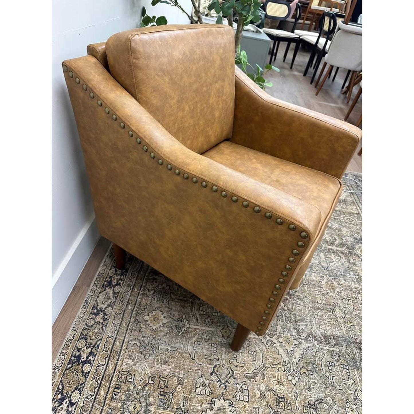 Celio Vegan Leather Armchair-CAMEL Brown Nail Head Trim New Karat Home