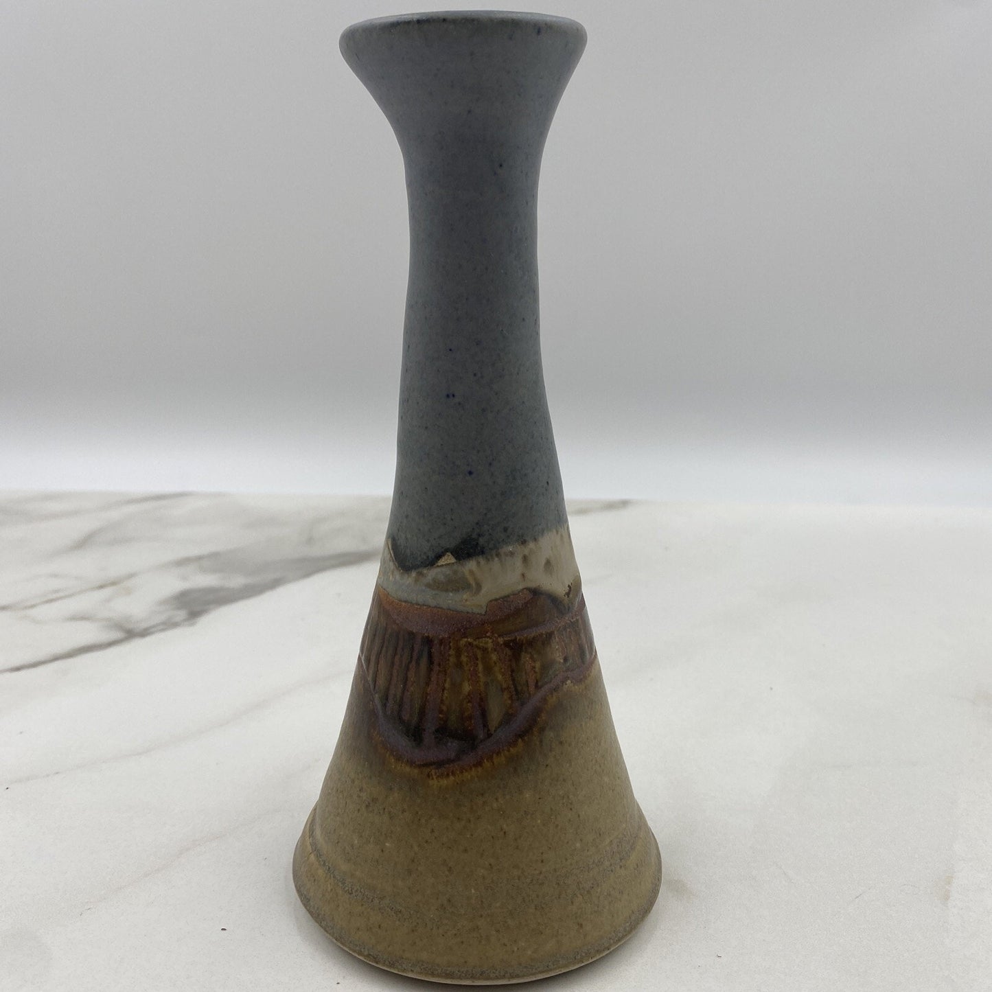Studio Pottery Vase Signed Mountain Scene 8” Tall Blue Tan Vintage